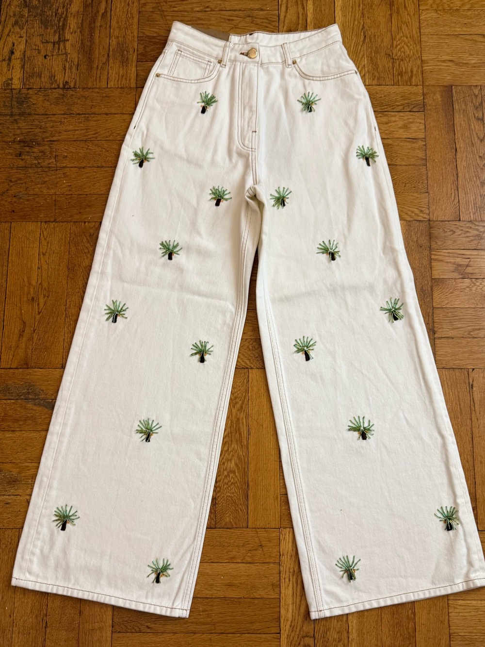 Farm Rio Embroidered Coconut Off-white Beaded denim
